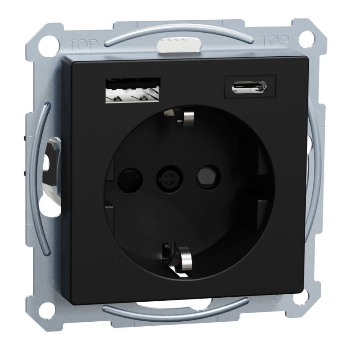 Механізм розетки Merten System M Schuko з подвійною USB-зарядкою тип А+С чорний матовий