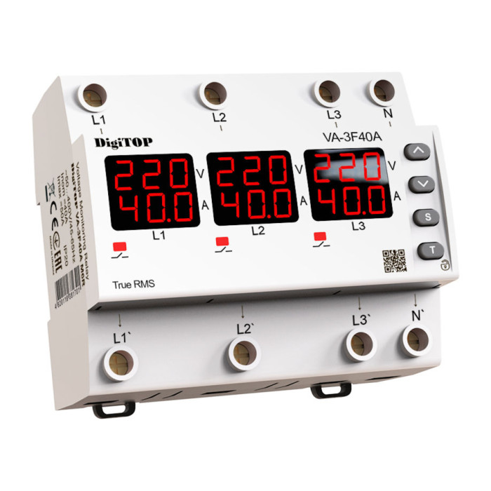 Реле контролю напруги трифазне з контролем струму DigiTOP 40А (VA-3F40A-M6R)