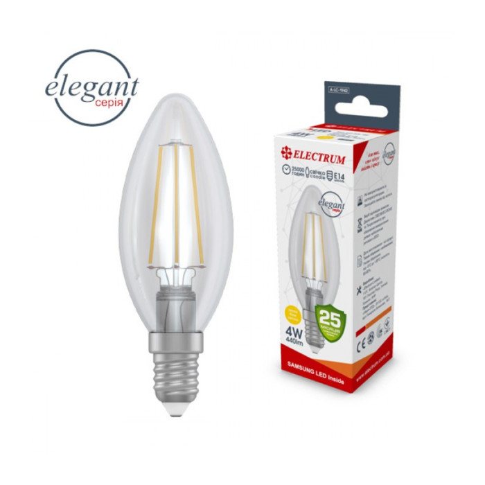 Лампа світлодіодна свічка ретро прозорий скляний корпус ELECTRUM  4W E14 3000K  A-LC-1942