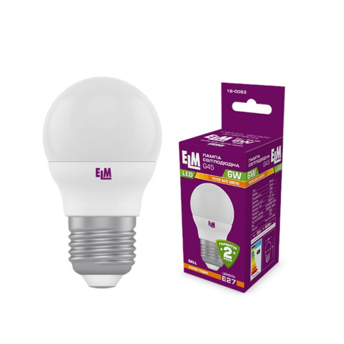 Лампа светодиодная ELM шар PA10 6W E27 3000K алюмопласт. корп. 18-0093