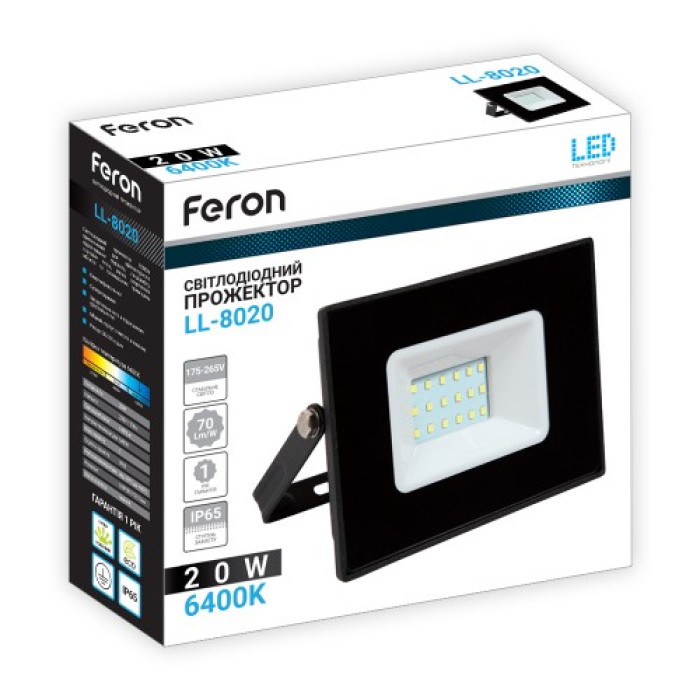Світлодіодний прожектор Feron LL-8020 20Вт 6400K IP65 чорний