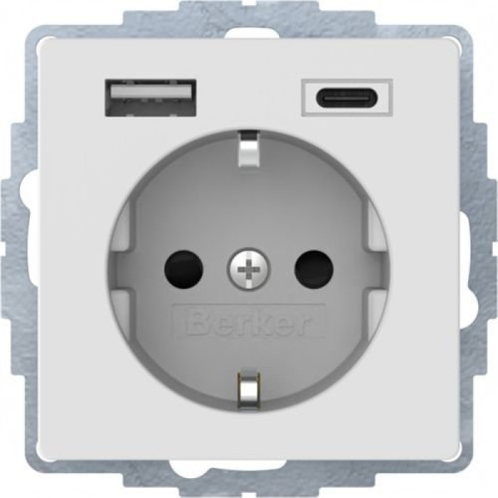 Розетка Berker с з/к 16А/250В + 2-поста USB A-С /3A пол. белизна Q.x