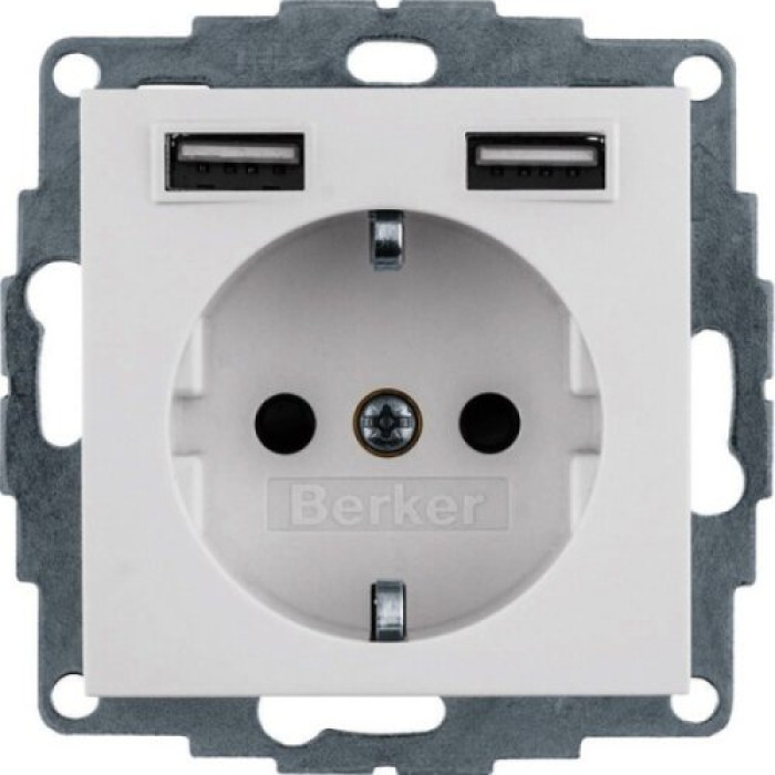 Розетка Berker з з/к 16А/250В + 2-постаUSB/2.4A, пол. білизна Q.x