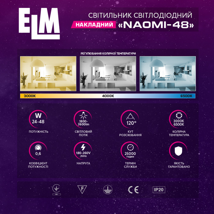 Светильник светодиодный накладной ELM Naomi 48W 3000-6500К IP20 (26-0118)
