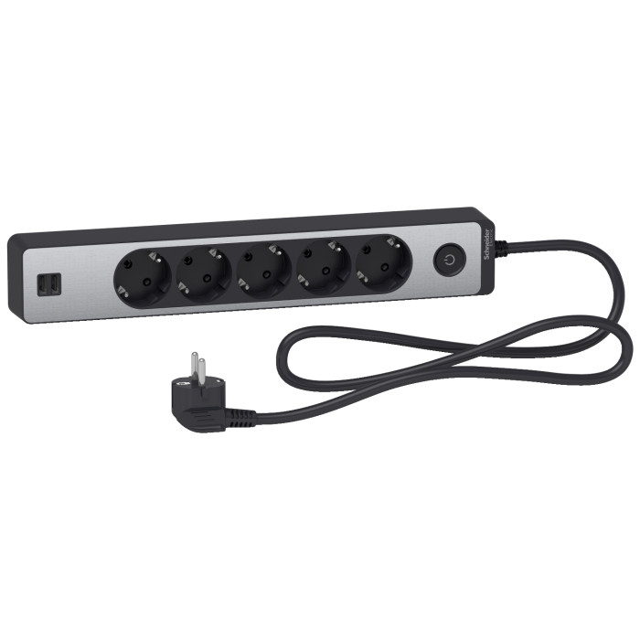 Подовжувач мережевий Schneider Electric 5 розеток + 2 USB 1.5 м антрацит / алюм.