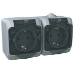 Розетка Schneider Electric Cedar Plus подвійна із заземленням і з/шторками IP44 16А сірий