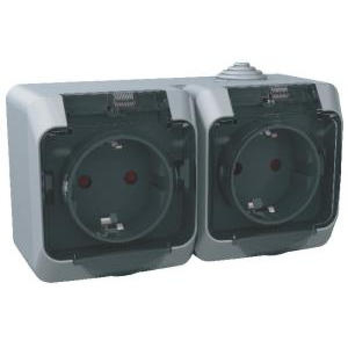 Розетка Schneider Electric Cedar Plus двойная с заземлением и з/шторками IP44 16А серый