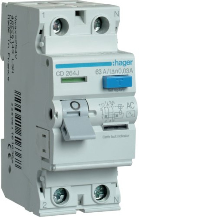 Дифференциальное реле (УЗО) Hager 2P 63А 30mA AC