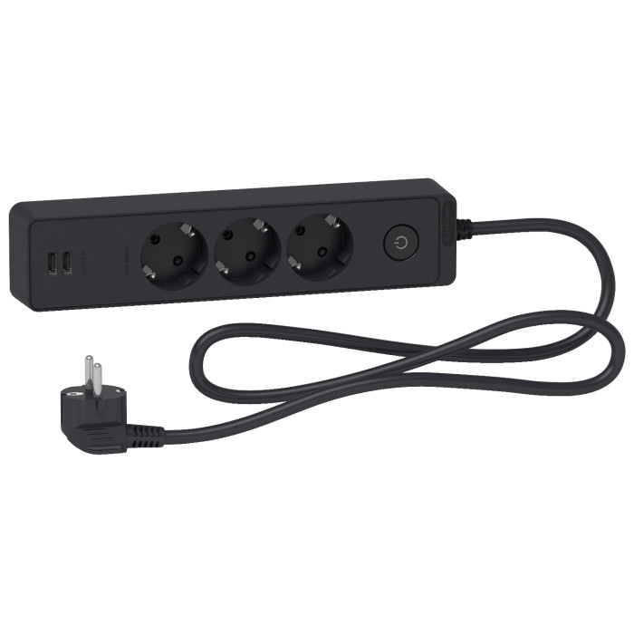 Удлинитель сетевой Schneider-Electric 3 розетки + 2 USB 1.5 м антрацит