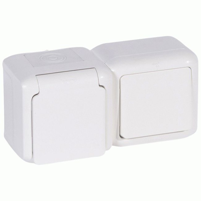 Блок Legrand Forix вимикач 1 кл. + Розетка з з/к і шторками IP44 білий