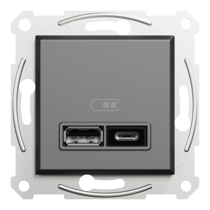 Розетка Schneider Electric Asfora Plus 2xUSB A+C 2.4А антрацит