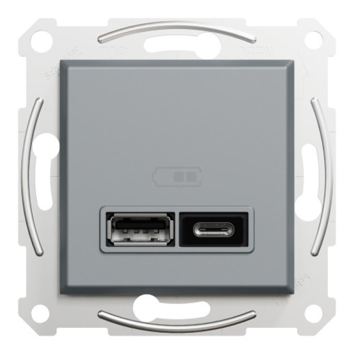 Розетка Schneider Electric Asfora Plus 2xUSB A+C 2.4А сталь